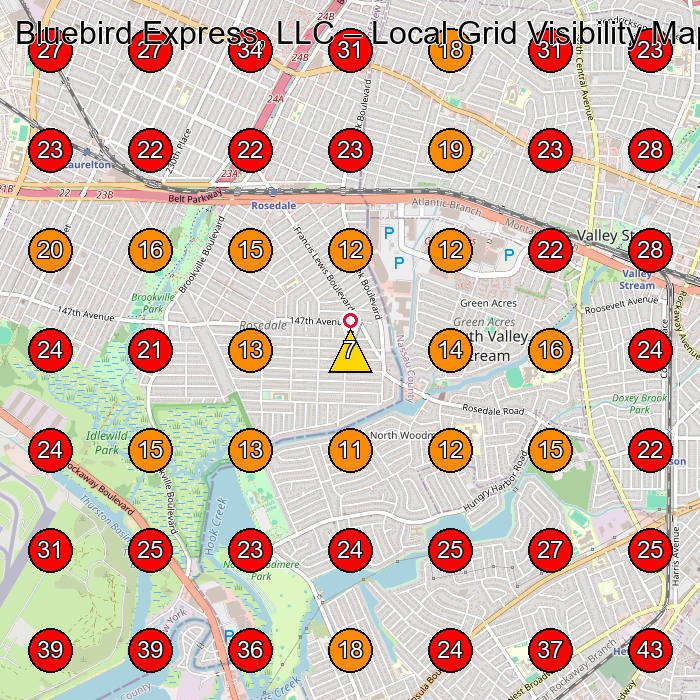 Bluebird Express, LLC GeoGrid visibility map for Logistics Service in Valley Stream